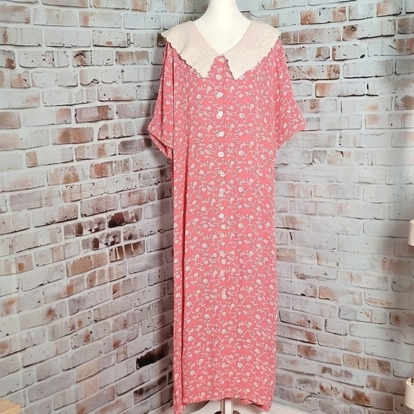 Vintage 80s 90s Pink Floral Dress Lace Peter Pan Collar Beetlejuice Cottagecore - Picture 2 of 13